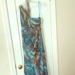 Peacock-Printed One Shoulder Formal Dress